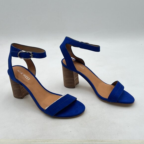 NINE WEST Blue Open Toe Ankle Strap Sandals Chunky Heels Buckle Dance Shoes - Picture 3 of 7